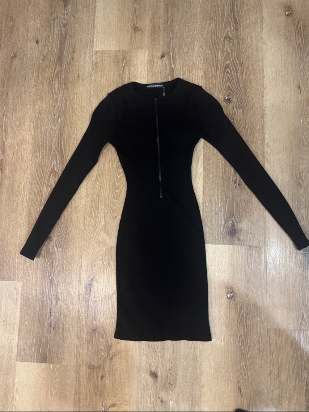 naked wardrobe Black Long-Sleeve Zip Front Bodycon Dress